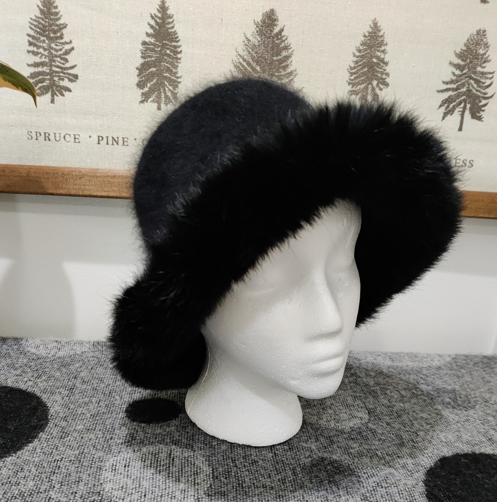 Black Angora Blend Winter Hat with Real Fur Trim | One Size | Warm & Classic